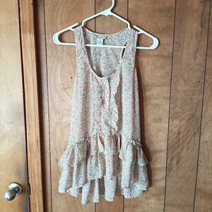 Fun & Flirt Floral Ruffle Peplum Tank Top Pink Green Sleeveless Size Small